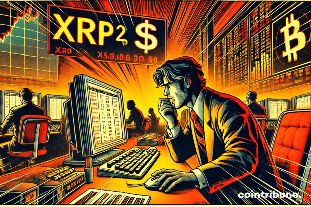 Un trader en salle de marché crypto sombre et vibrante, avec des écrans affichant "XRP 2 $" en orange lumineux.