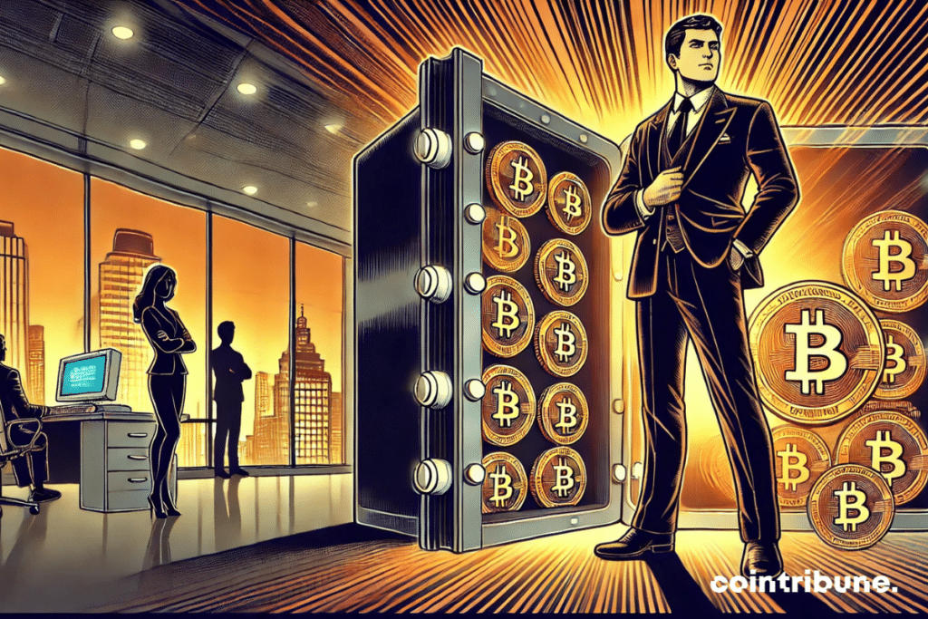 A high-tech, luxurious safe overflowing with Bitcoin coins. The angle is slightly low, enhancing the imposing effect and the abundance of the reserves. The safe is illuminated by a warm, orange light that highlights the coins and their brilliance.