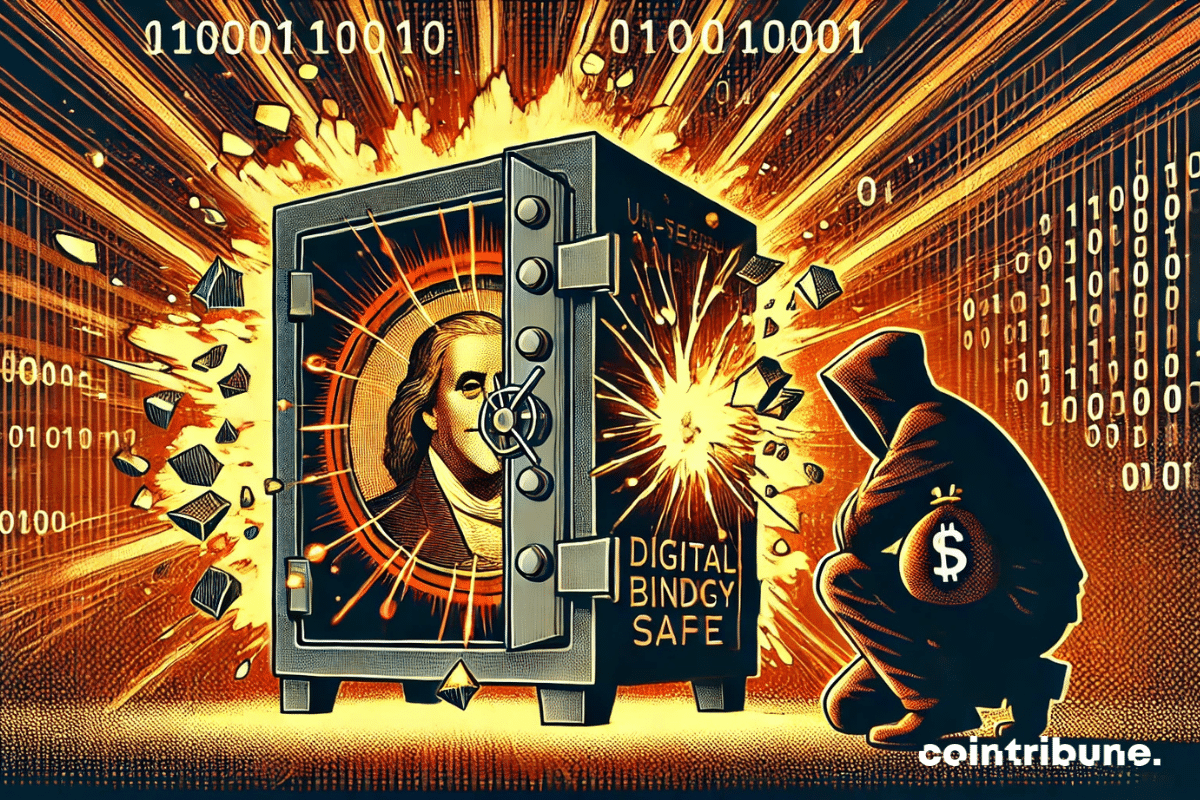 Dynamic close-up of a symbolic safe representing the United States Treasury, fractured at its center. Cascading digital lines and fragments of code burst out of the safe, creating the impression of a massive security breach.