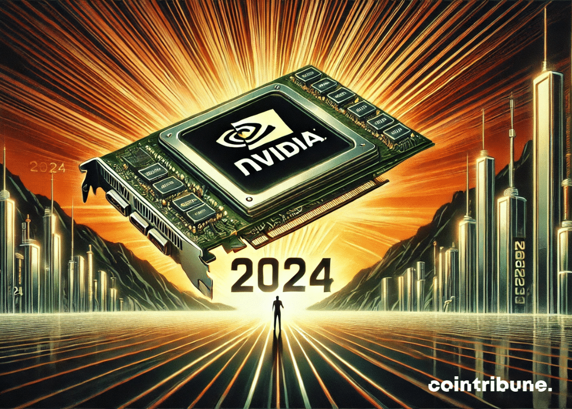 Un gigantesco chip gráfico de Nvidia está en el centro, irradiando luz. Los números "2024" explotan alrededor del chip, simbolizando los récords alcanzados, mientras que en primer plano, una silueta borrosa apunta hacia un horizonte luminoso marcado como "2025".