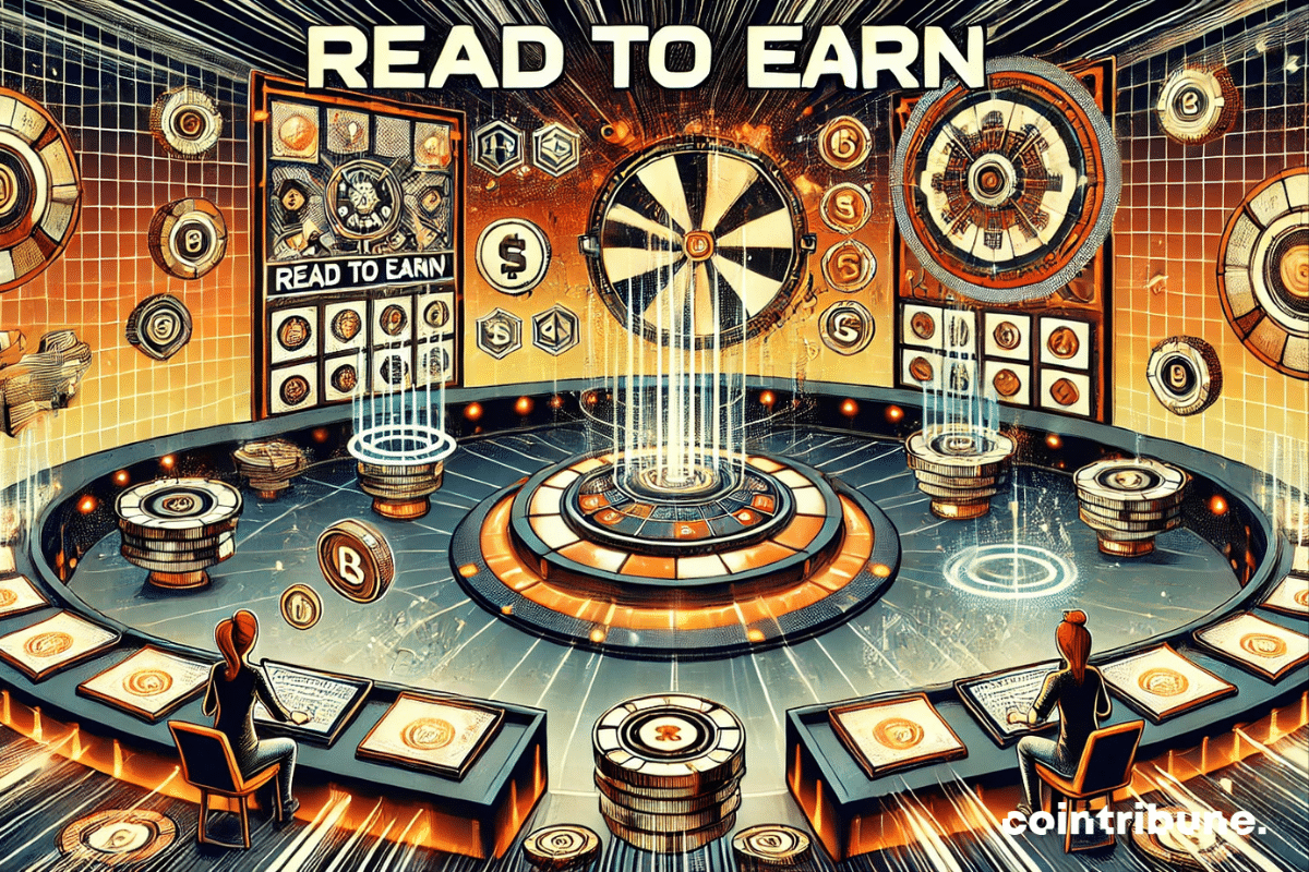 illustration représentant une scène de jeux-concours futuriste dans le cadre du Read to Earn. L’image met en avant une plateforme numérique avec des tokens lumineux et des effets dynamiques