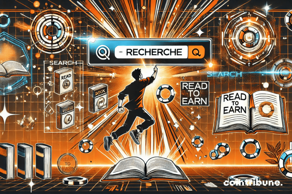 illustration mettant en scène une interface holographique futuriste avec une barre de recherche intitulée "Recherche", accompagnée de résultats visibles comme des livres et des jetons