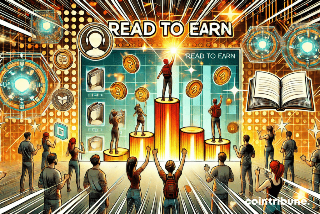 illustration représentant un tableau holographique des récompenses, avec des avatars célébrant leurs succès et des récompenses numériques en cascade dans le casre du programme Read to Earn de Cointribune