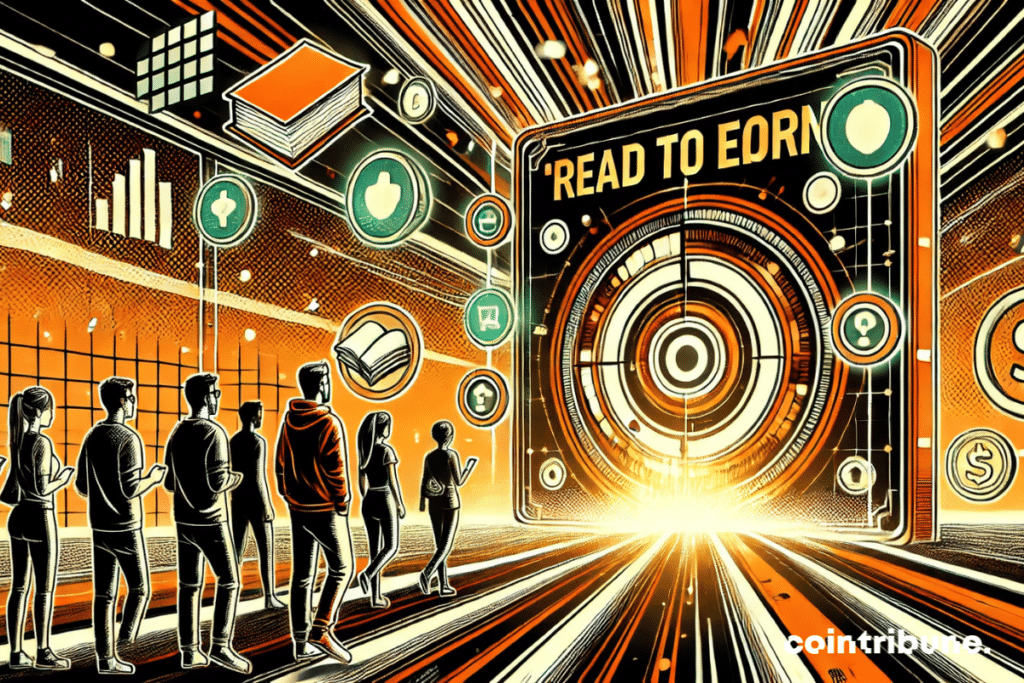 illustration mettant en scène un portail digital futuriste, invitant les utilisateurs à interagir dans le cadre du Read to Earn