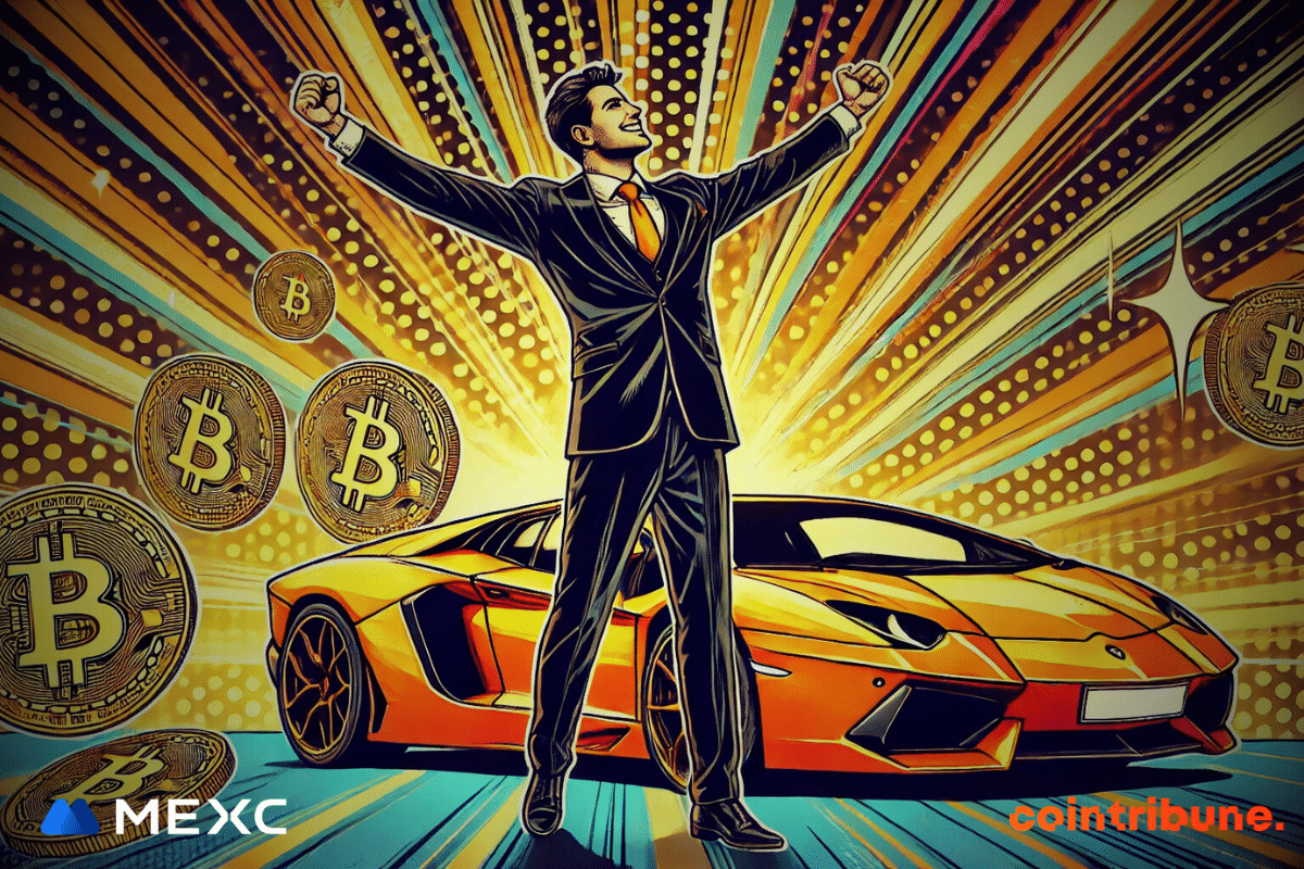 A man in a suit with his arms raised in triumph, standing in front of a yellow sports car with bitcoins floating around.