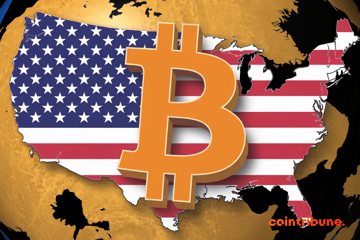 A large orange Bitcoin logo in front of a map of the United States with the American flag.