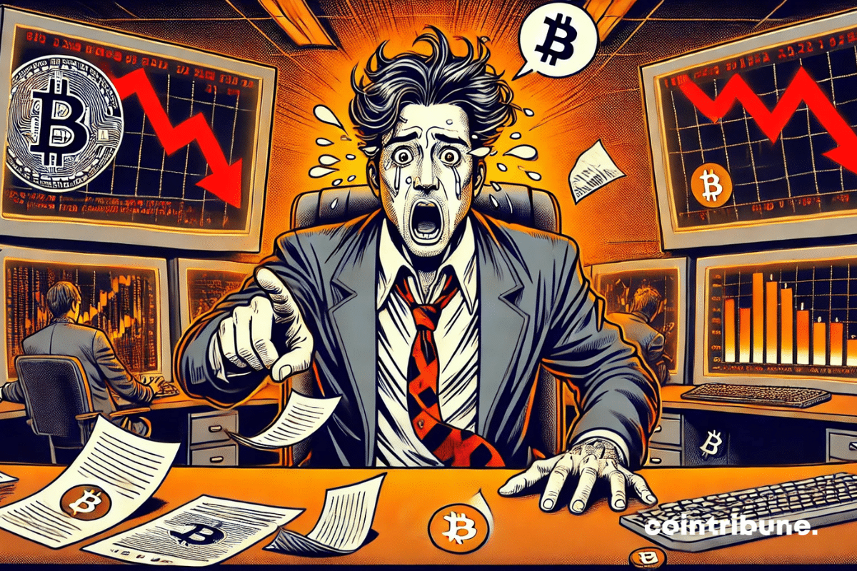 A man in a suit, visibly panicked, sitting at a desk with plunging charts showing Bitcoin symbols on multiple screens.