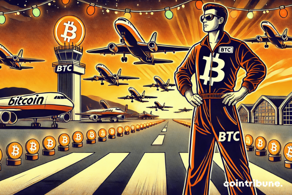 A man in a suit emblazoned with the Bitcoin symbol stands on an airstrip, surrounded by airplanes marked 