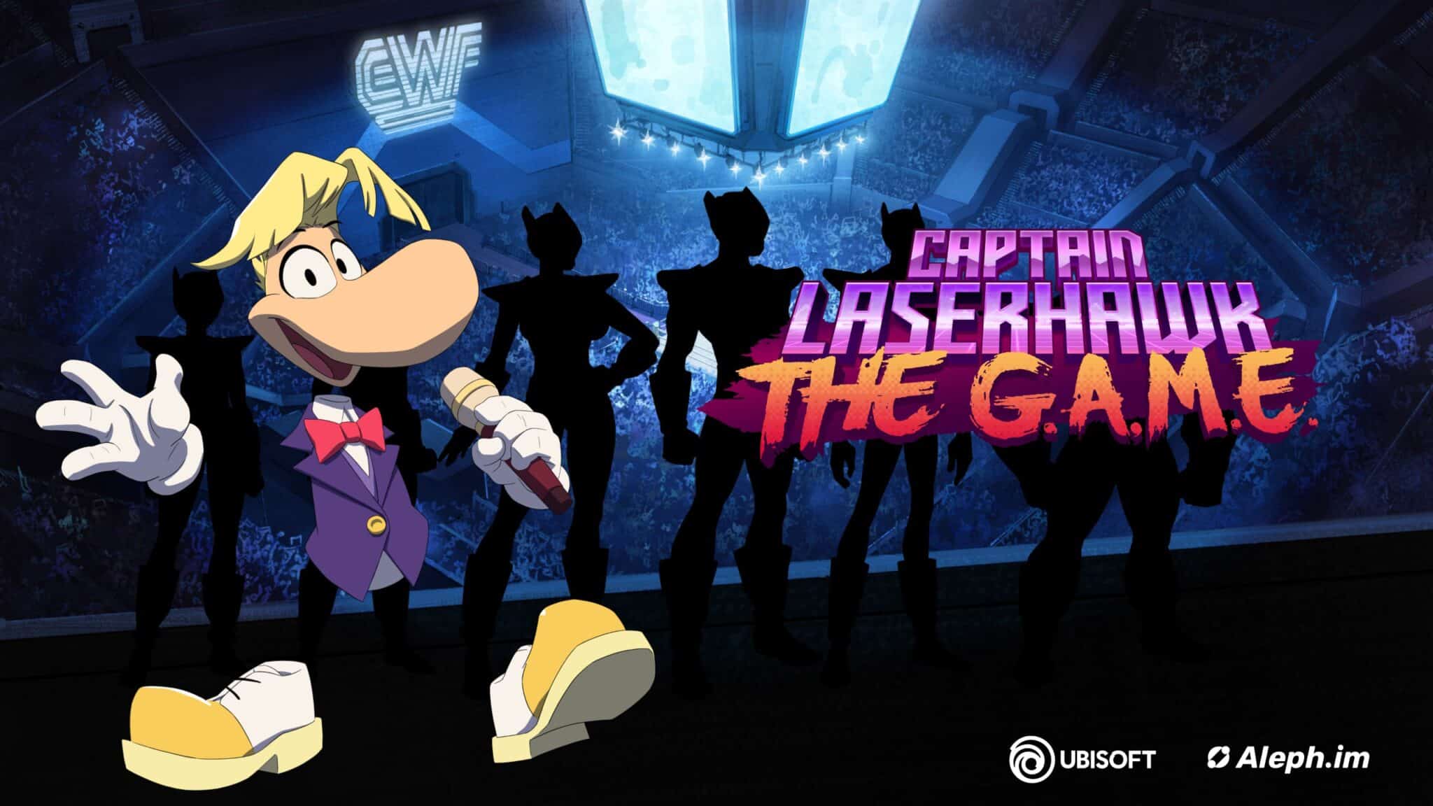 A cartoon duck in a suit holding a microphone, with silhouetted figures and the title "Captain Laserhawk: The G.A.M.E." in the background.