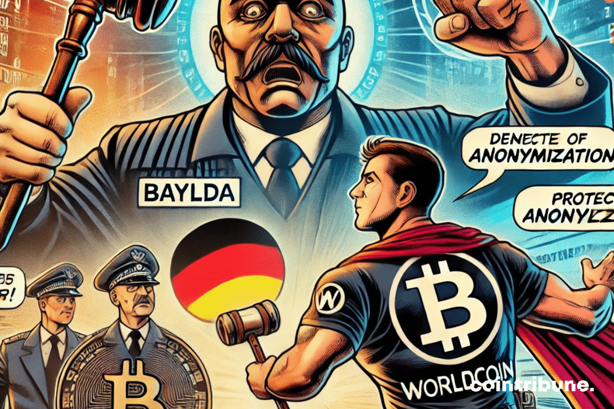 A muscular man wearing a Bitcoin symbol and a cape faces a towering judge with a gavel, accompanied by the German flag in the background, depicting a confrontation.