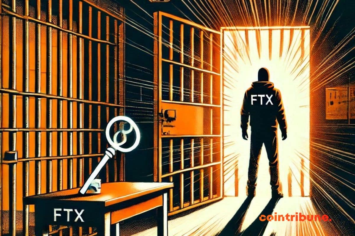 Une cellule de prison avec une porte entrouverte, silhouette d’un prisonnier debout à côté d'une porte entrouverte avec un faisceau lumineux entrant, une clé sur une table avec le symbole de l’échange crypto FTX.