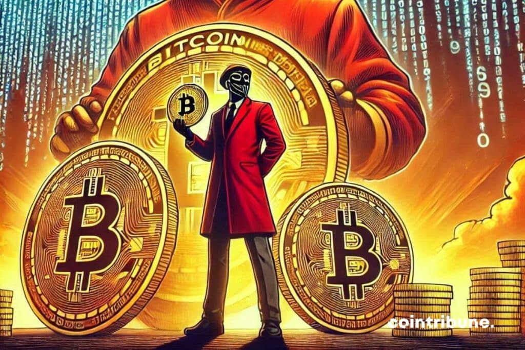 Un personnage masqué en rouge tenant un Bitcoin, entouré de grandes pièces dorées et d'un décor numérique en arrière-plan.