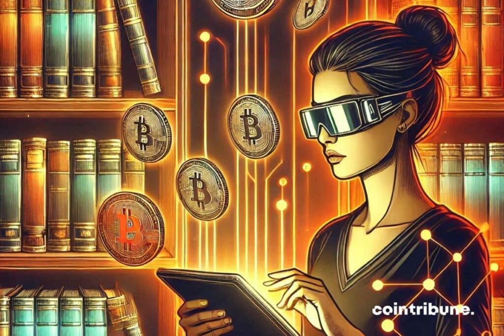 Une femme avec des lunettes futuristes interagit avec une tablette, entourée de symboles Bitcoin et d'une bibliothèque numérique.