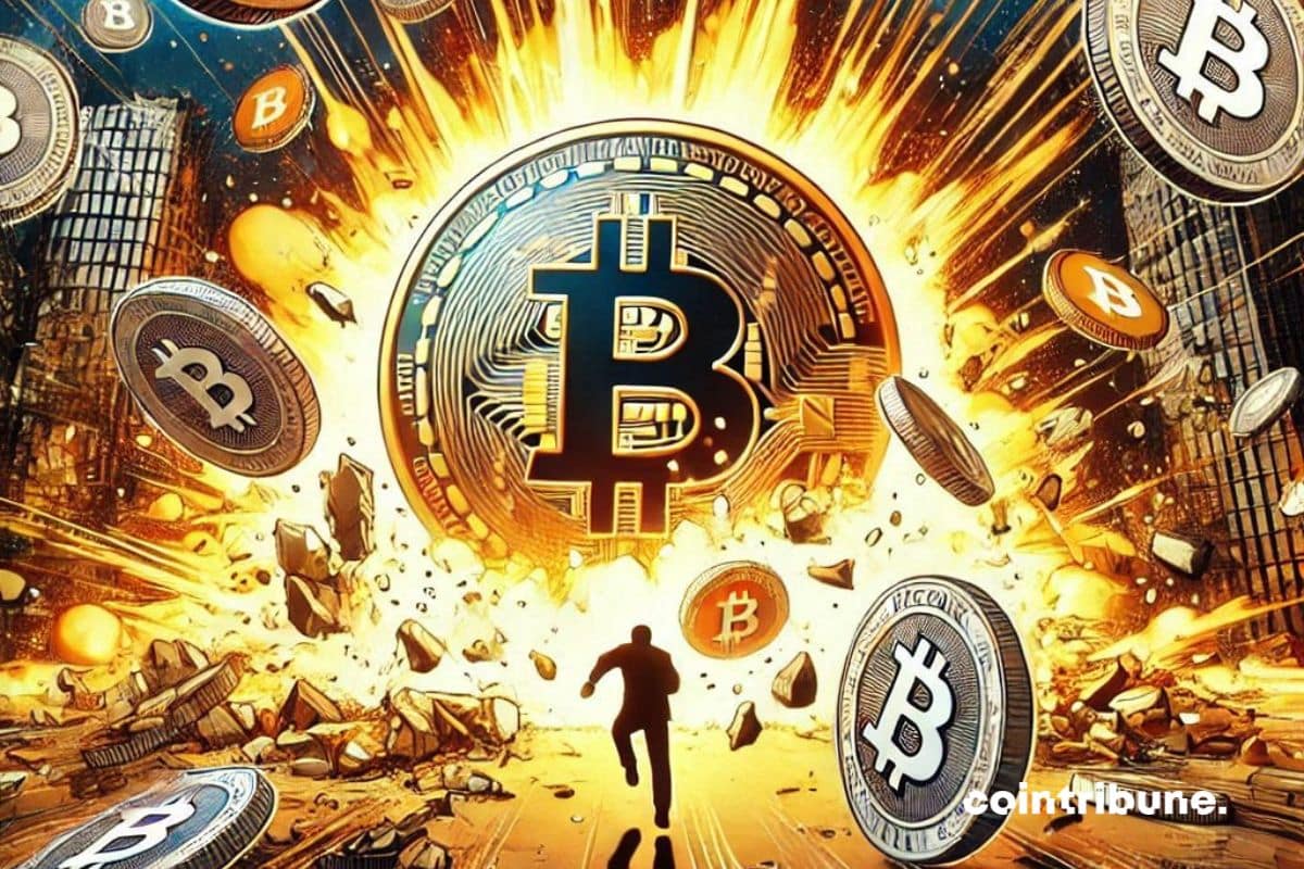 A spectacular visual explosion of Bitcoin coins surrounding a silhouette running toward a massive central coin.