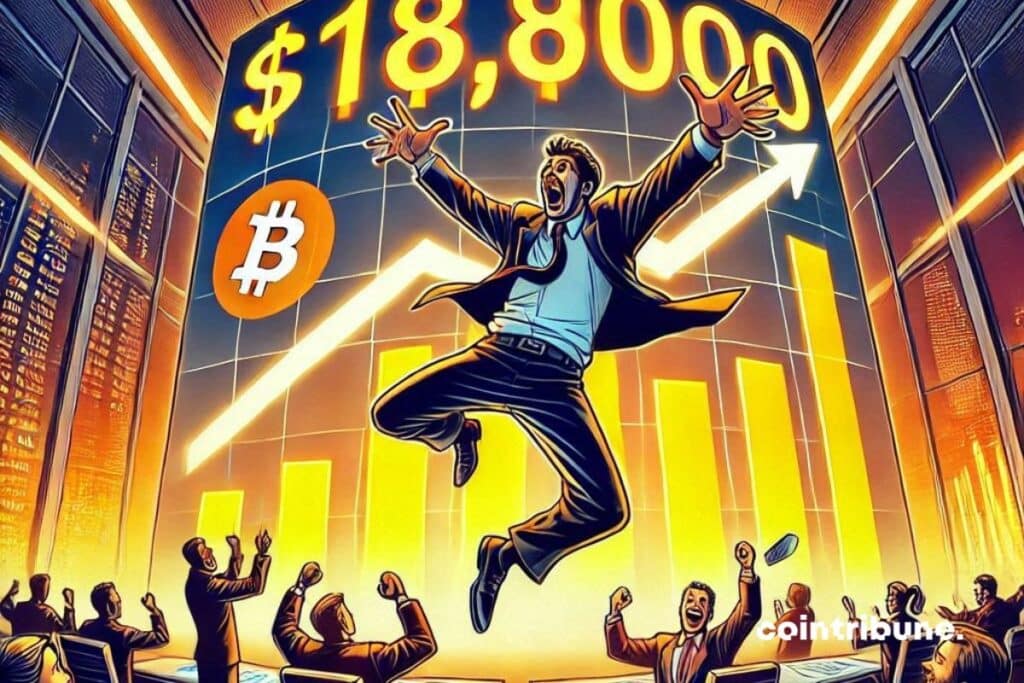 A euphoric trader jumping for joy in a bitcoin trading room, with a giant screen showing 8,000