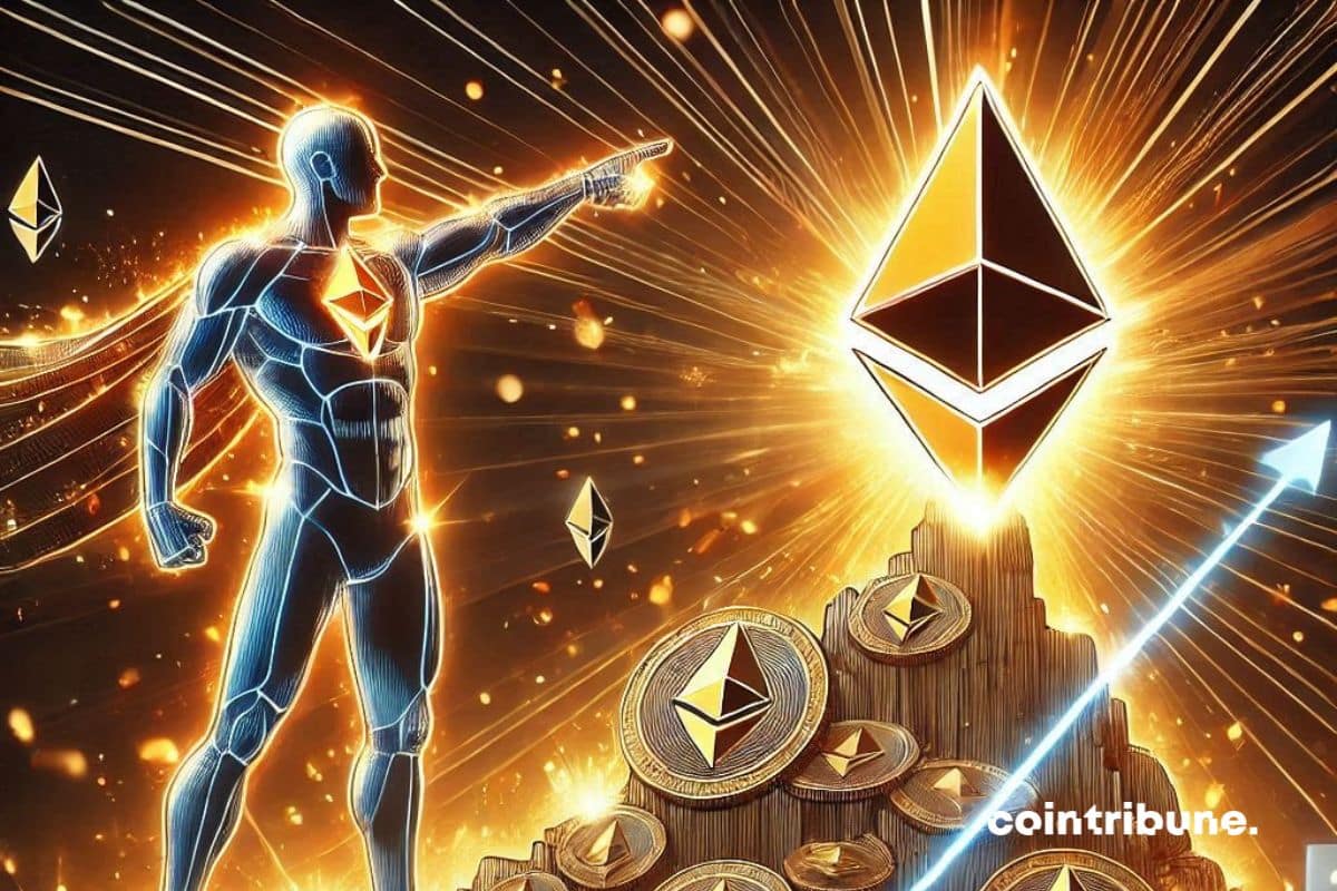 A gigantic mountain of Ethereum crypto coins illuminated by flashes of orange energy. A human figure in futuristic garb, pointing to the summit