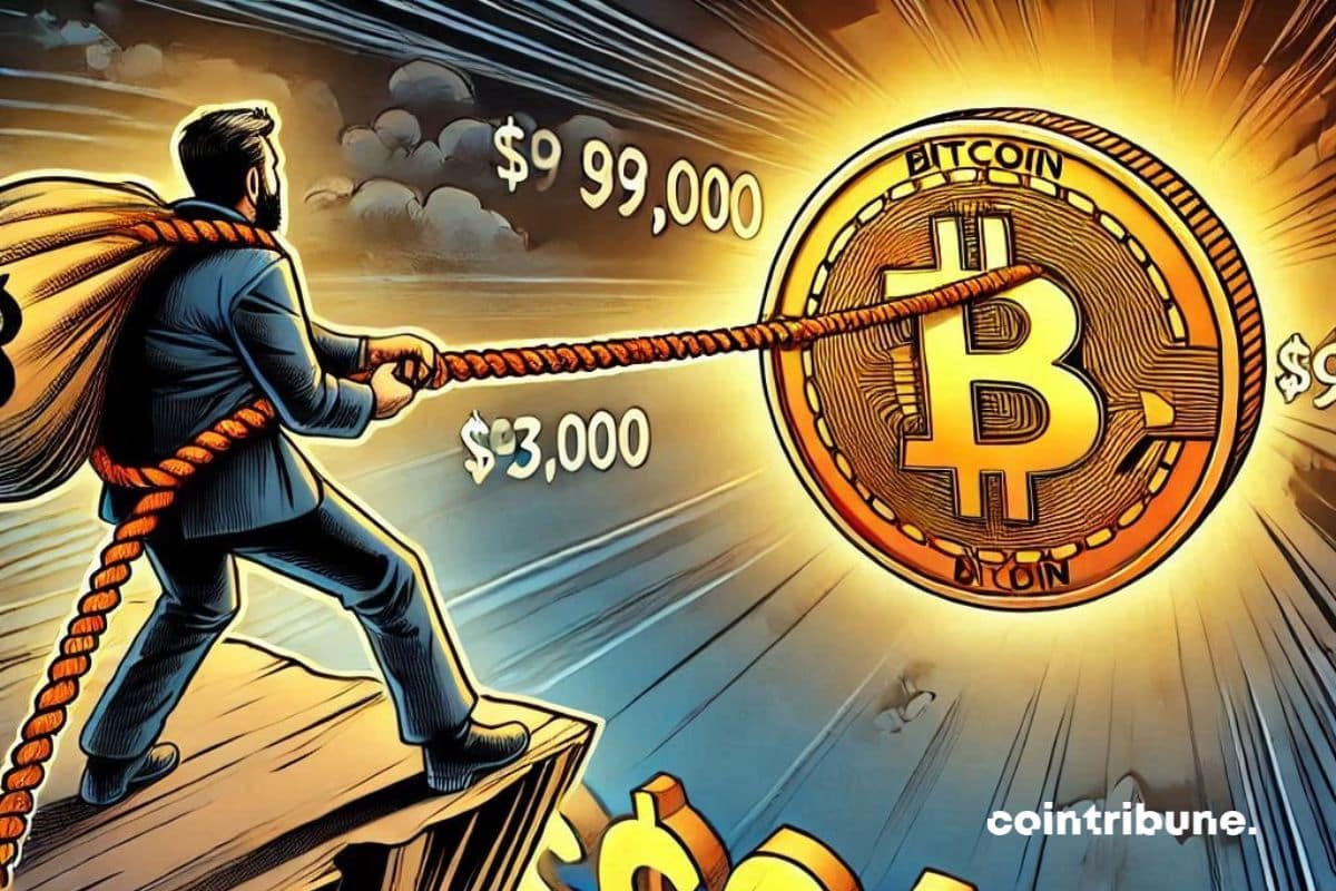 An investor hanging from a rope, pulling up a glowing bitcoin