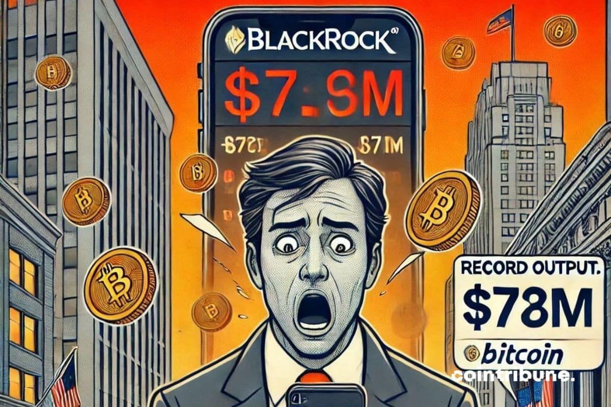 Un inversor mirando su teléfono con expresión de miedo y pánico, una notificación mostrando M récord de salida con monedas bitcoin en el aire. Frente a la imagen de un teléfono gigante que muestra BlackRock.