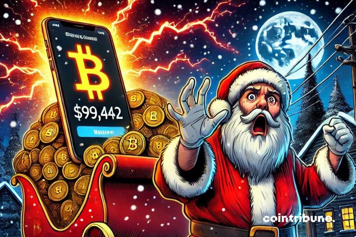 Une rue sombre enneigée avec un traîneau du Père Noël rempli de bitcoins, le Père Noël terrifié par la chute du BTC