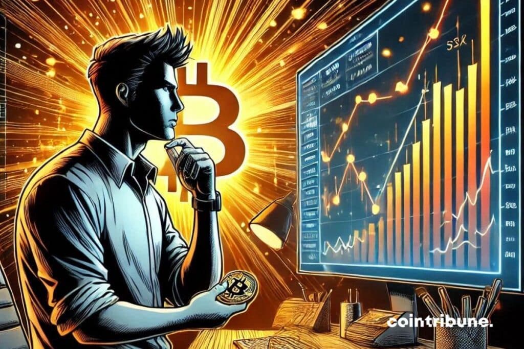 Side view of dark office with businessman, illuminated by glowing screen showing bitcoin chart with rising and falling curves