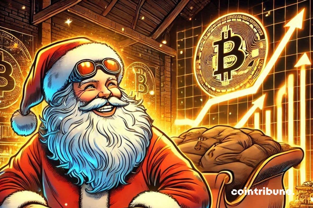 Smiling Santa Claus in a high-tech workshop, behind him a large digital screen displays the upward curves of bitcoin.