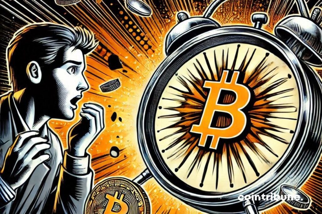 Une horloge de la fin et une pièce de bitcoin en son centre, les aiguilles signalant une fin imminente, un trader surpris regardant l'horloge.