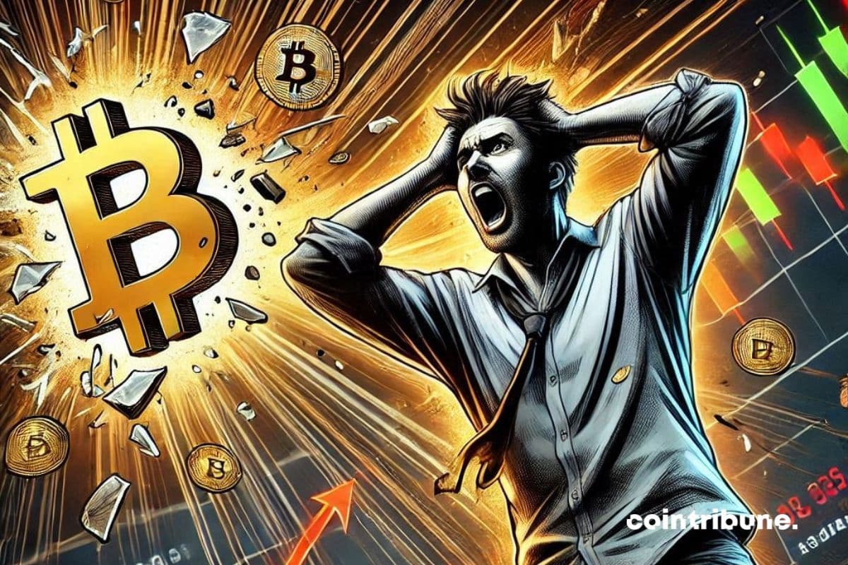 A panicked trader in a rumpled shirt tugging at his hair, a bright, partially broken Bitcoin symbol.