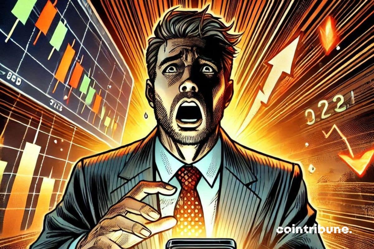 An investor in a suit, panicking in front of a screen displaying a free-falling chart of the crypto solana.