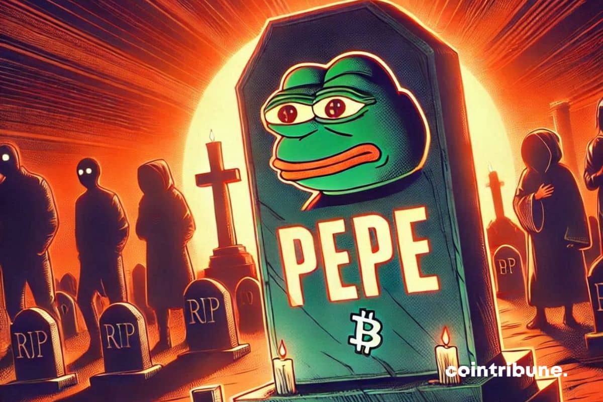 Una lápida con «PEPE» escrito, acompañada de la imagen de la memeccoin, rodeada de siluetas de cripto inversores de luto.