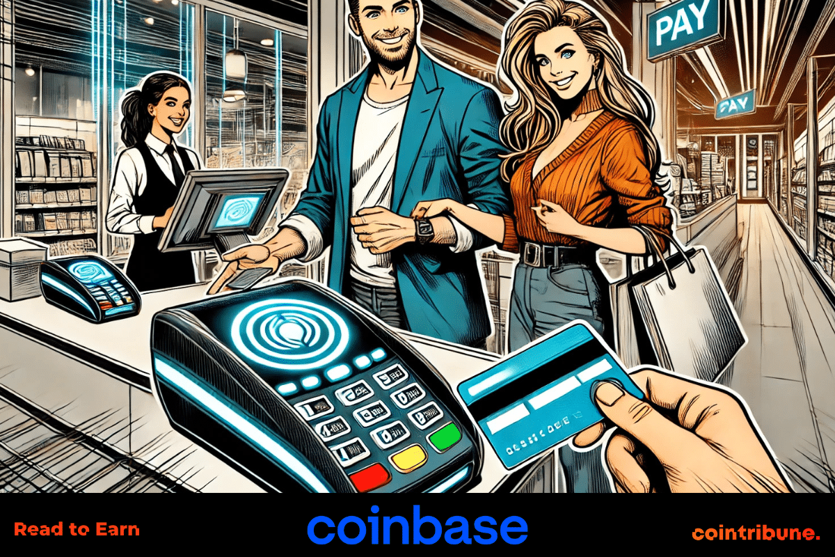 un couple qui veut confirmer un achat avec la carte crypto Coinbase