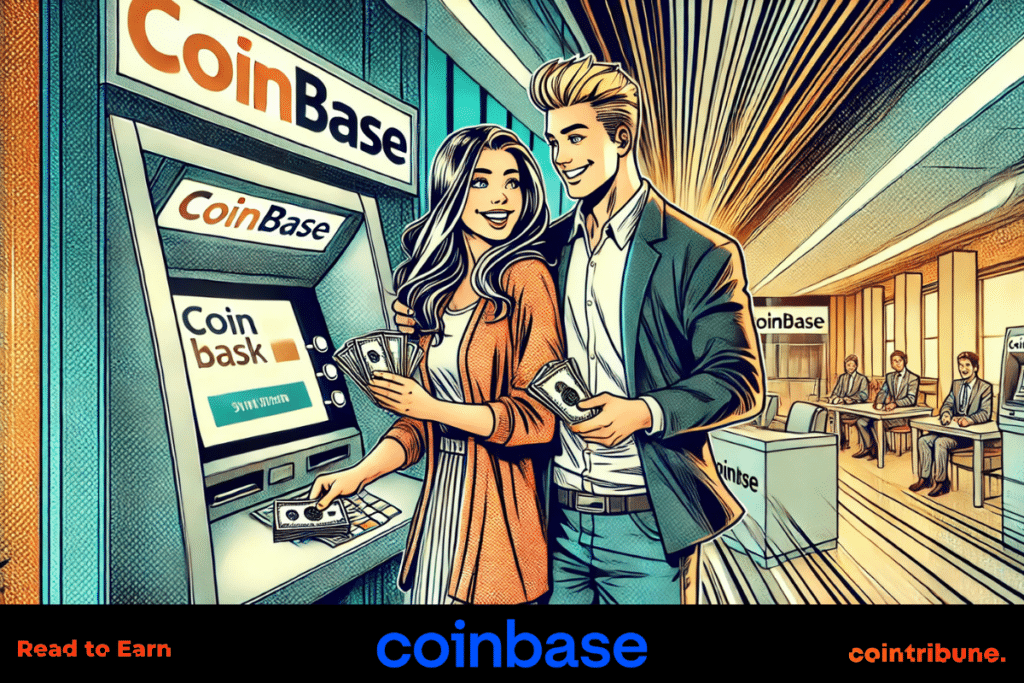 image montrant un couple venu retirer de l'argent au niveau d'un guichet automatique de Coinbase