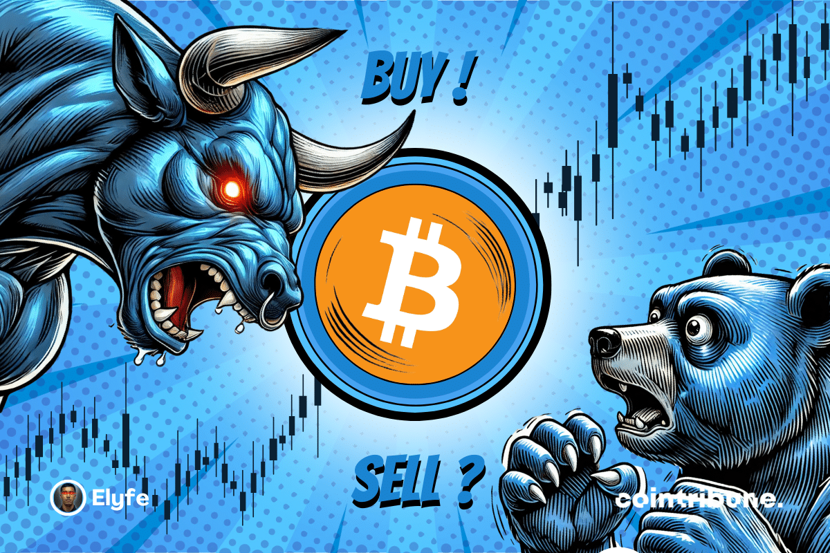 Logo Bitcoin fond bleu avec de parts et d’autres un ours et un taureau bleu au regard expressif. En fond, un graphique apparaît.