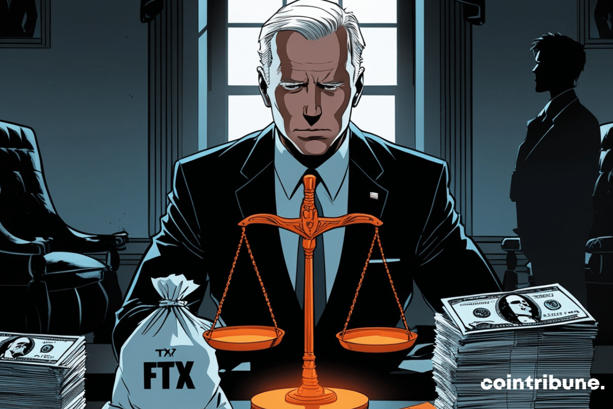 Ilustración de Joe Biden reflexionando sobre el destino de SBF