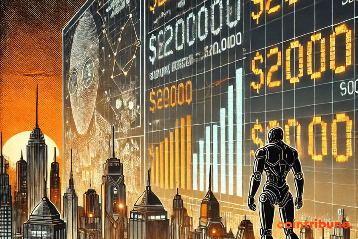 A humanoid robot contemplating a city and a giant screen displaying a 0,000 figure.