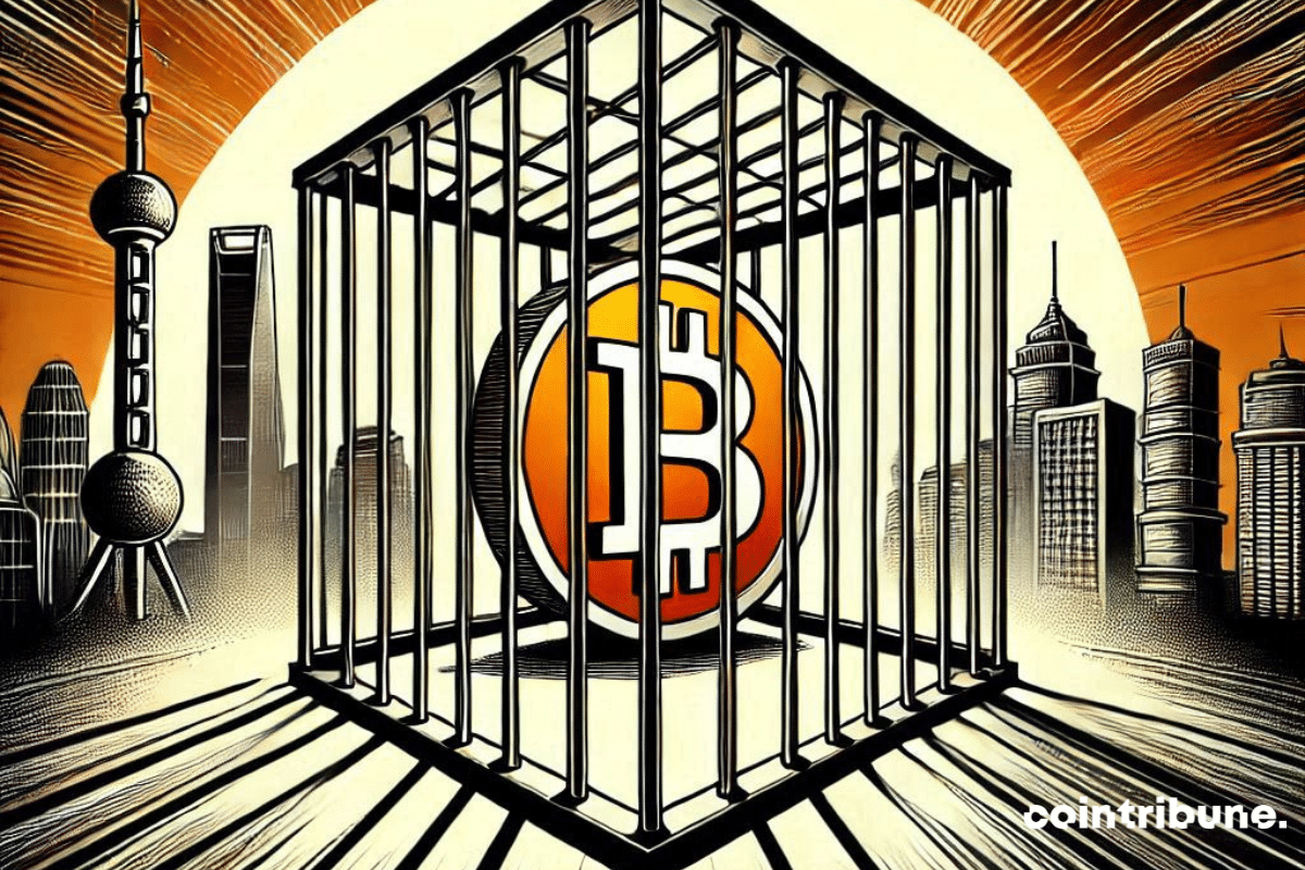 Illustration of a caged bitcoin coin and modern Chinese cities