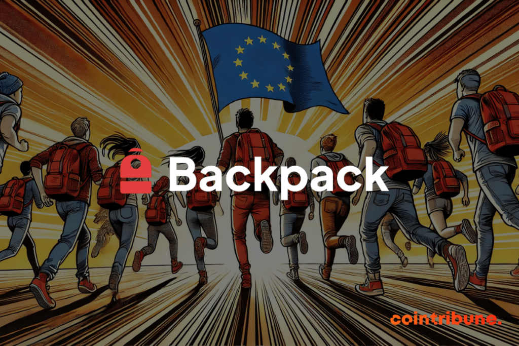 Un groupe de personnes portant des sacs à dos rouges court en direction d'un drapeau de l'Union européenne flottant au-dessus d'eux, symbolisant l'expansion et l'innovation dans le domaine de la crypto. Le logo "Backpack" est positionné au centre de l'image.