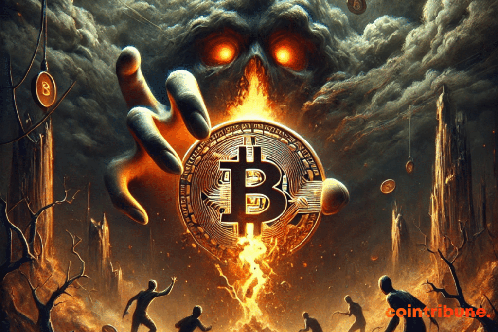 une peur profonde de l'inattendu dans le monde de la crypto. Le Bitcoin se fissure, libérant des forces sombres et incontrôlables, dans un décor dystopique qui symbolise le chaos à venir. Source : Evans Selemani