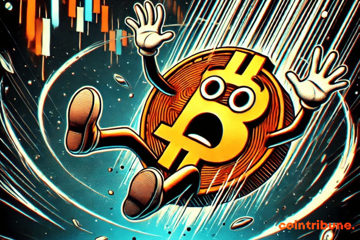 Anthropomorphized bitcoin coin panicking as it falls