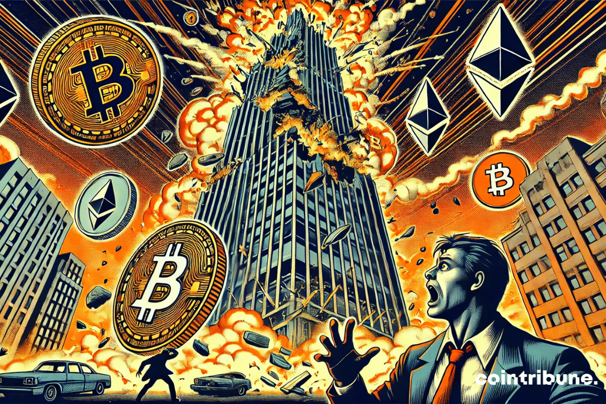 Derrumbe de una torre rodeada de logotipos de Bitcoin y Ethereum.