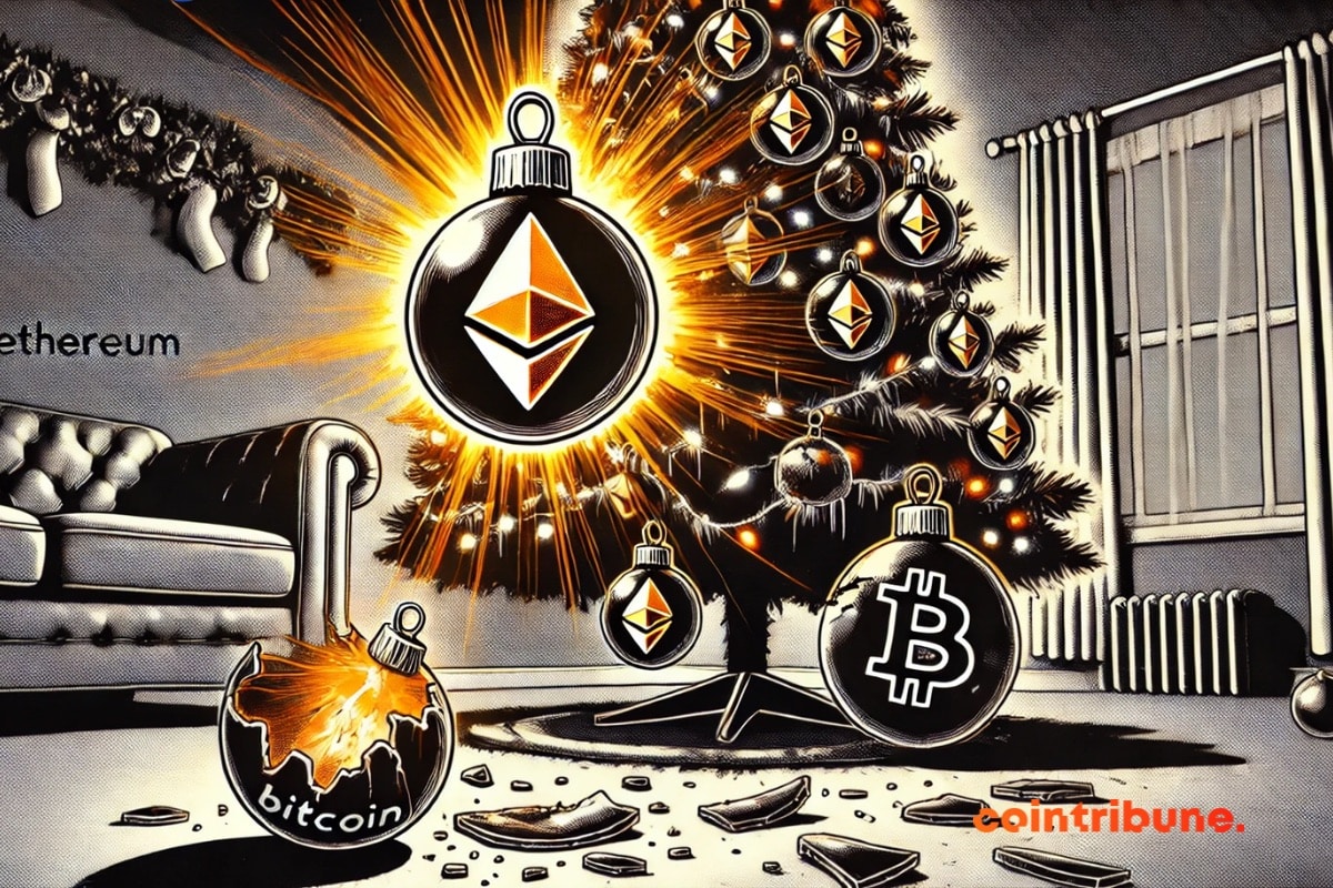 A Christmas tree representing the end of 2024, with glowing ethereum balls and a dark bitcoin ball on the ground.