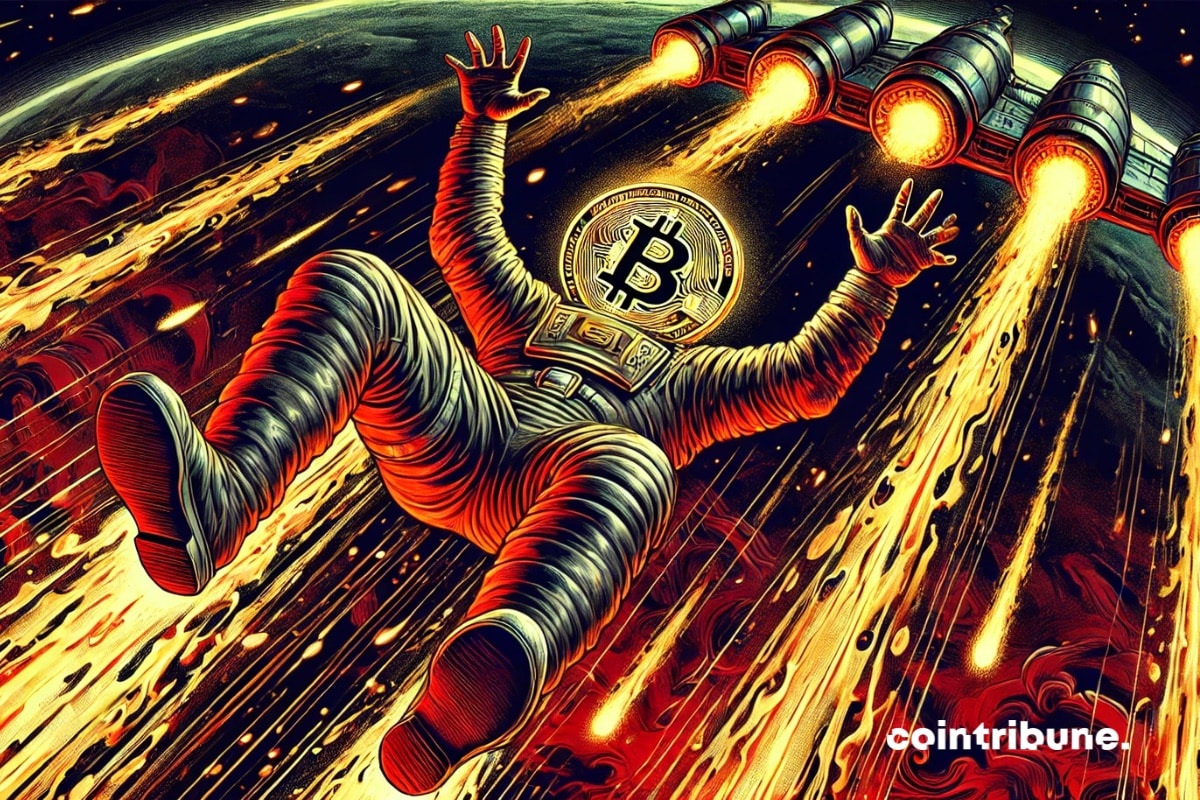 Bitcoin en forma de astronauta que cae de su cohete