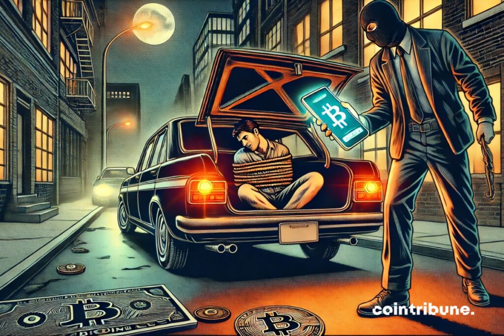 A car in a dark alley, trunk open with a crypto investor tied up. A masked man, holding a phone with a Bitcoin app visible.