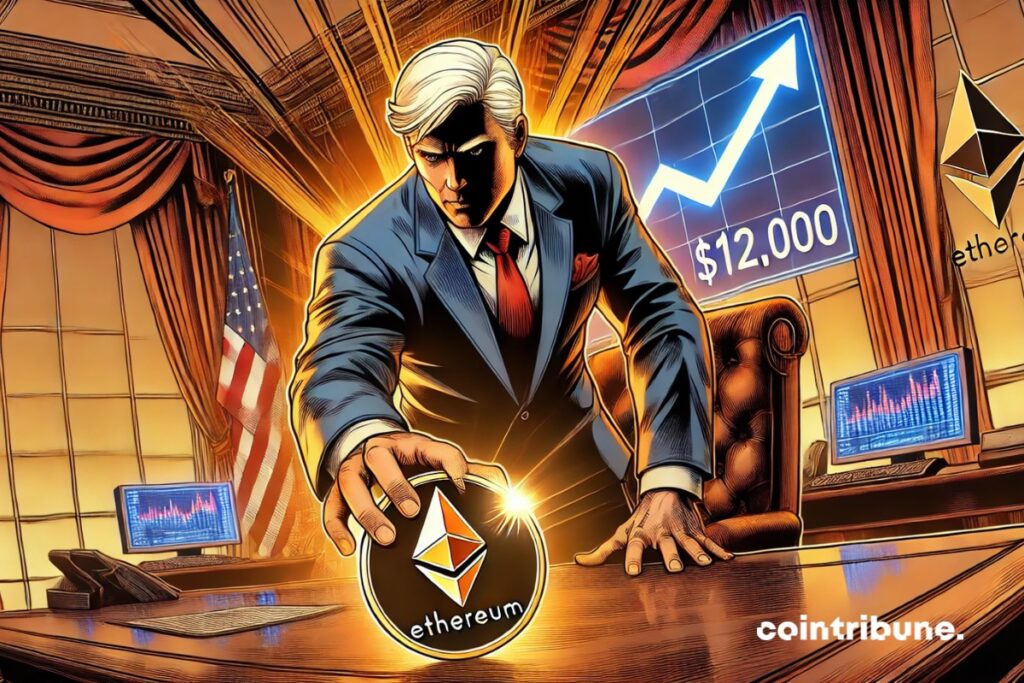 Trump penché sur son bureau dans une ambiance technologique, avec des graphiques de la crypto ethereum en arrière-plan.