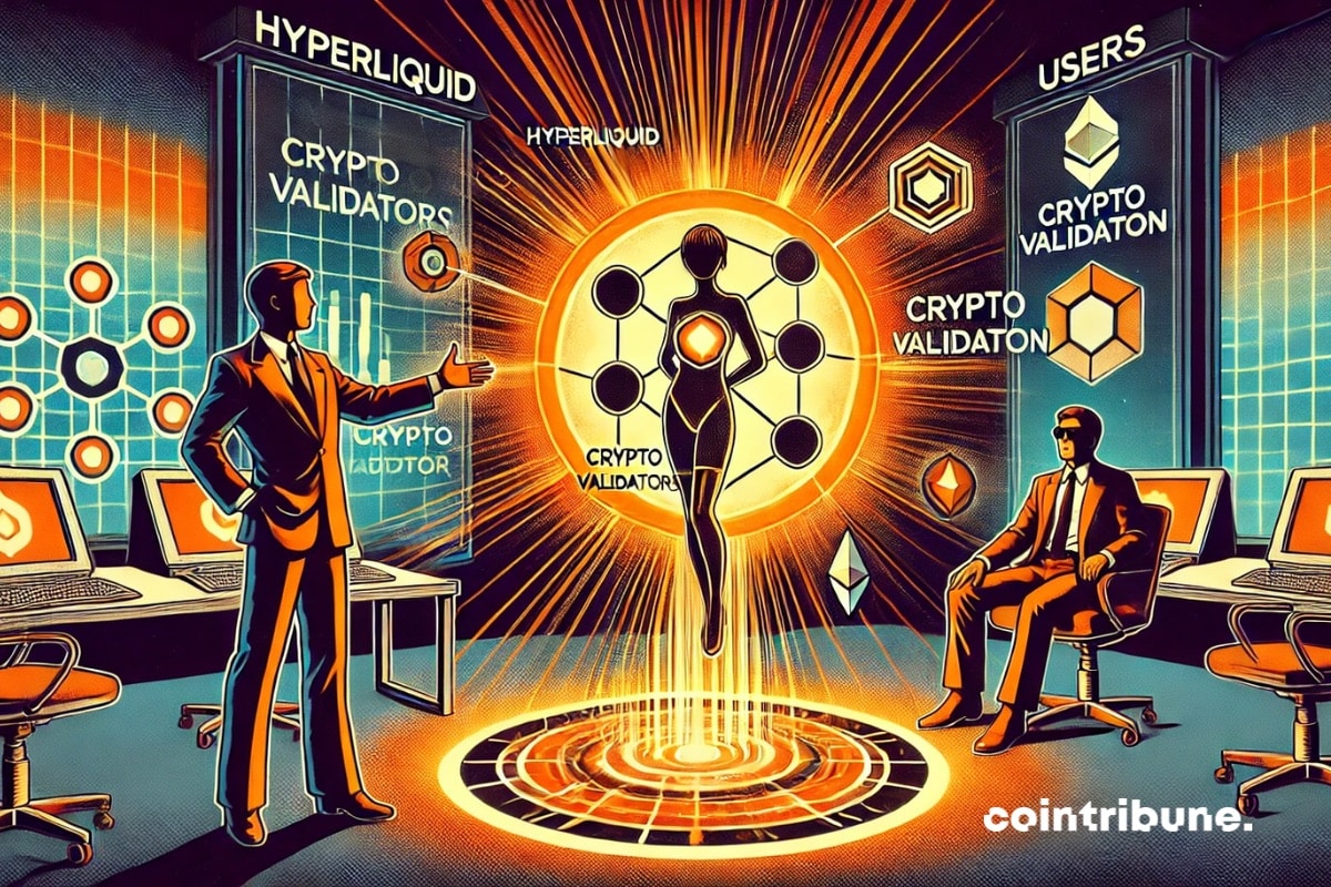 Un gestor de Hyperliquid y un cripto inversor se reúnen en una oficina futurista para presentar soluciones de validación.