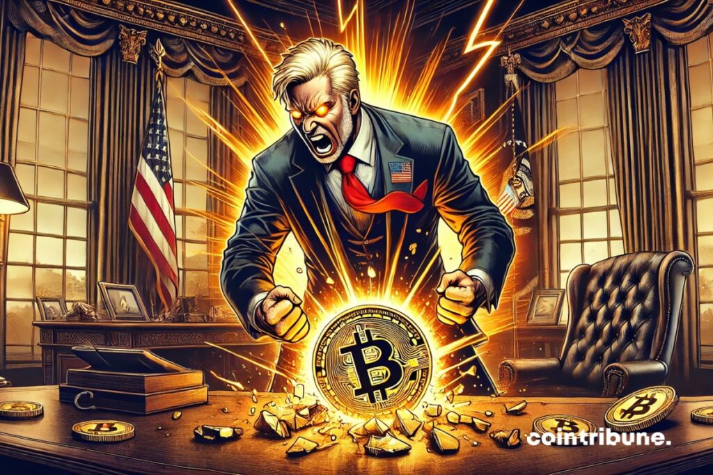 Un anciano que representa a Trump, furioso en un lujoso despacho presidencial, aplastando una criptomoneda bitcoin con un rayo que emana de sus ojos.