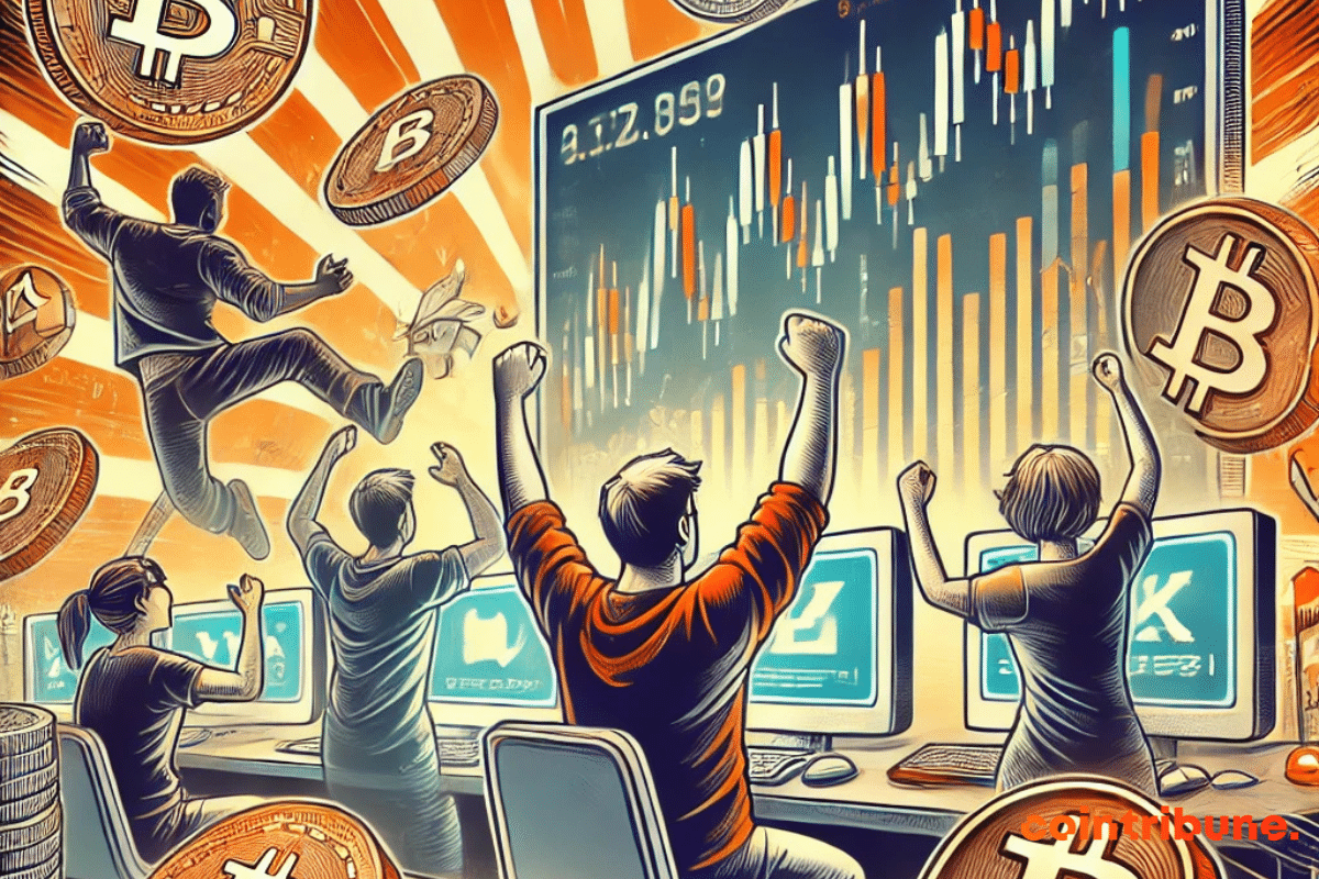 illustration des traders célébrant les records historiques des échanges crypto.