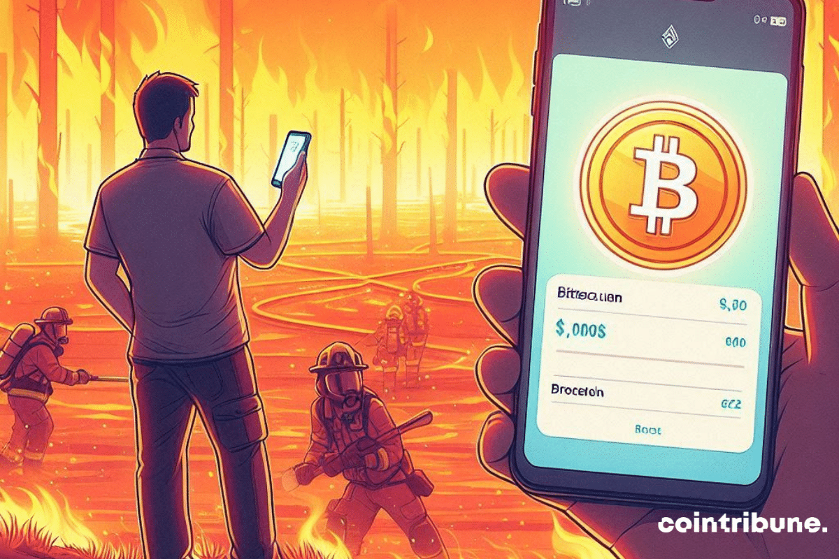 Cartera Bitcoin visible en un smartphone, bomberos apagando un bosque en llamas.