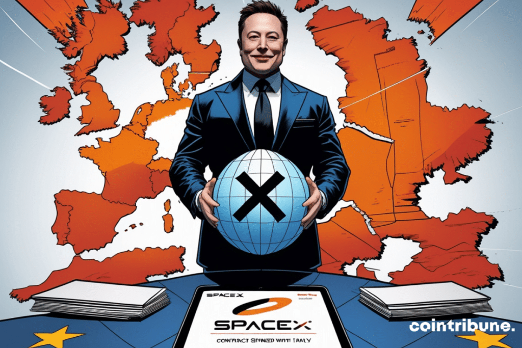 Elon Musk holding a globe X, he is positioned in front of a map world.