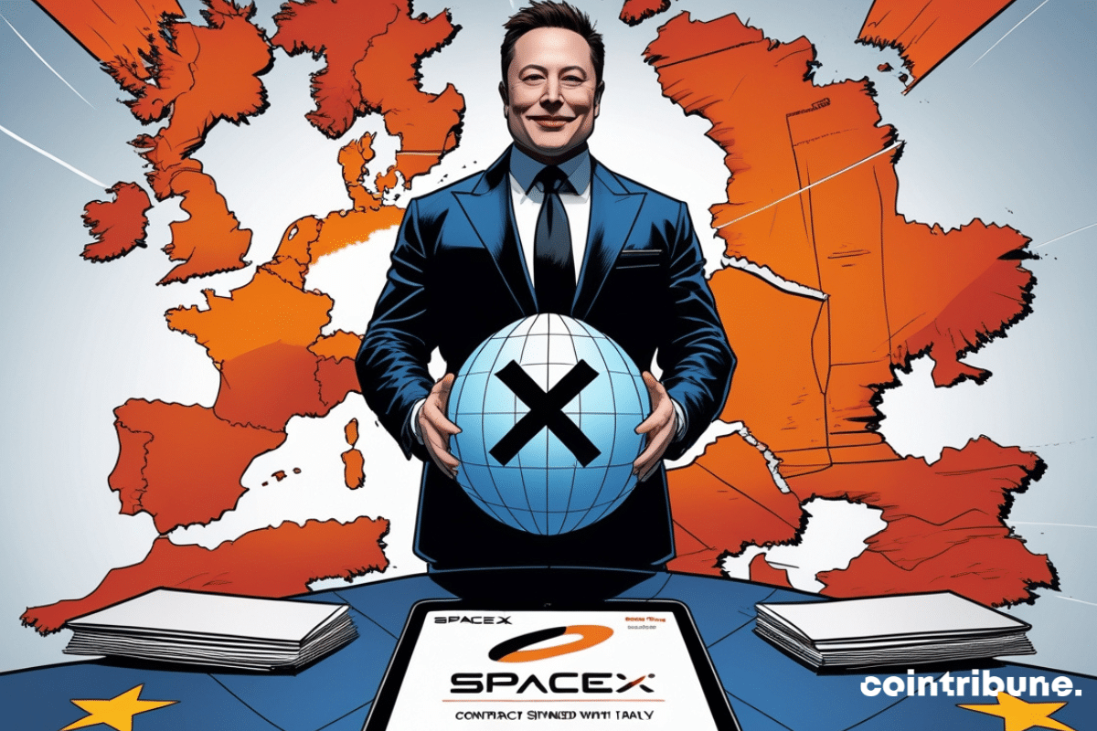 Elon Musk holding a globe X, he is positioned in front of a map world.