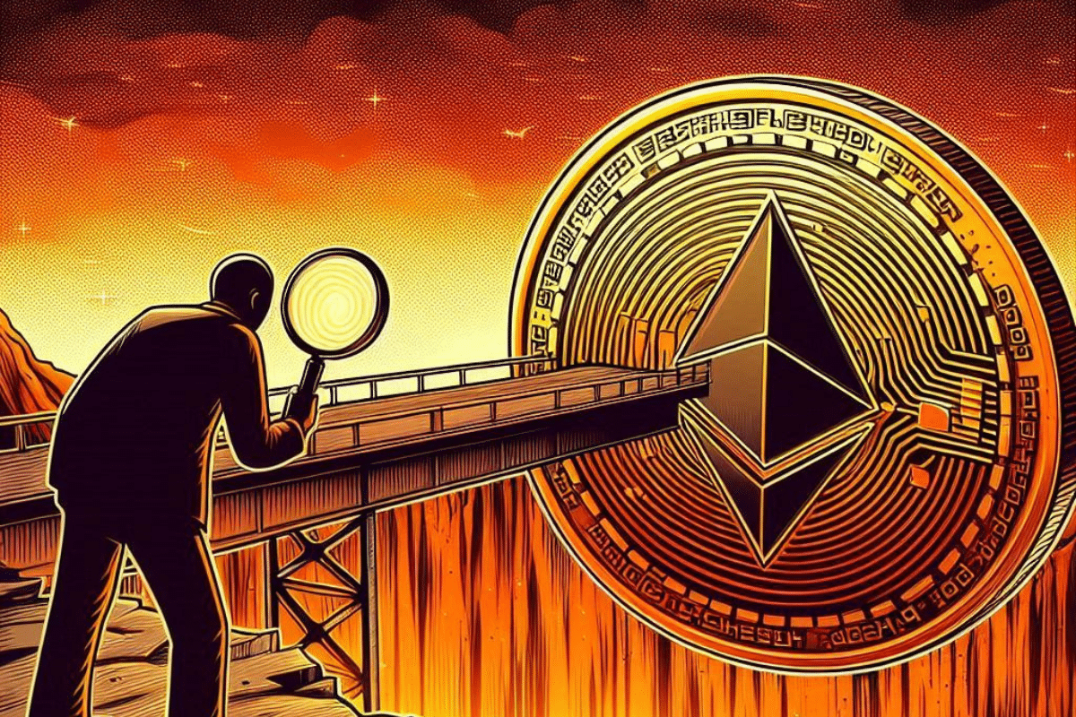 Pièce d'Ethereum tombant et retenu par un pont